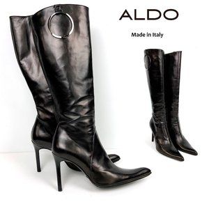ALDO Black Leather Knee High Stiletto Hills Boots Sz 39 (8.5 - 8)